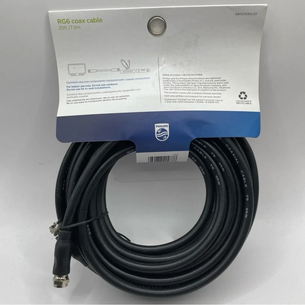 Philips RG6 Coax Cable 25 ft Black Universal SWV2155H/37 NEW